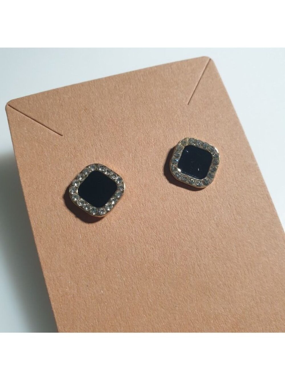 Square Black Rhinestone Stud Earrings Gold Tone Lightweight Elegant Jewelry